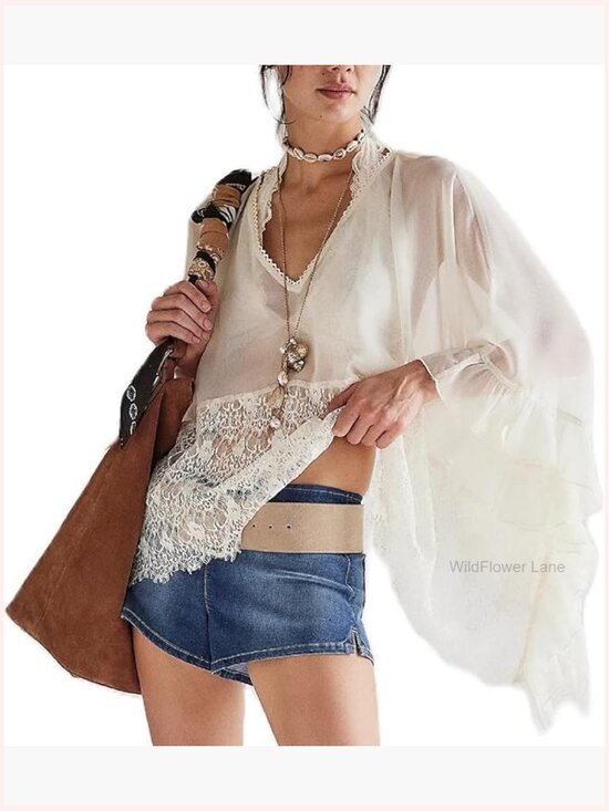 Tops - Lace Poncho Top Y2k Batwing Sleeve Sheer See Through Chiffon Blouse Loose